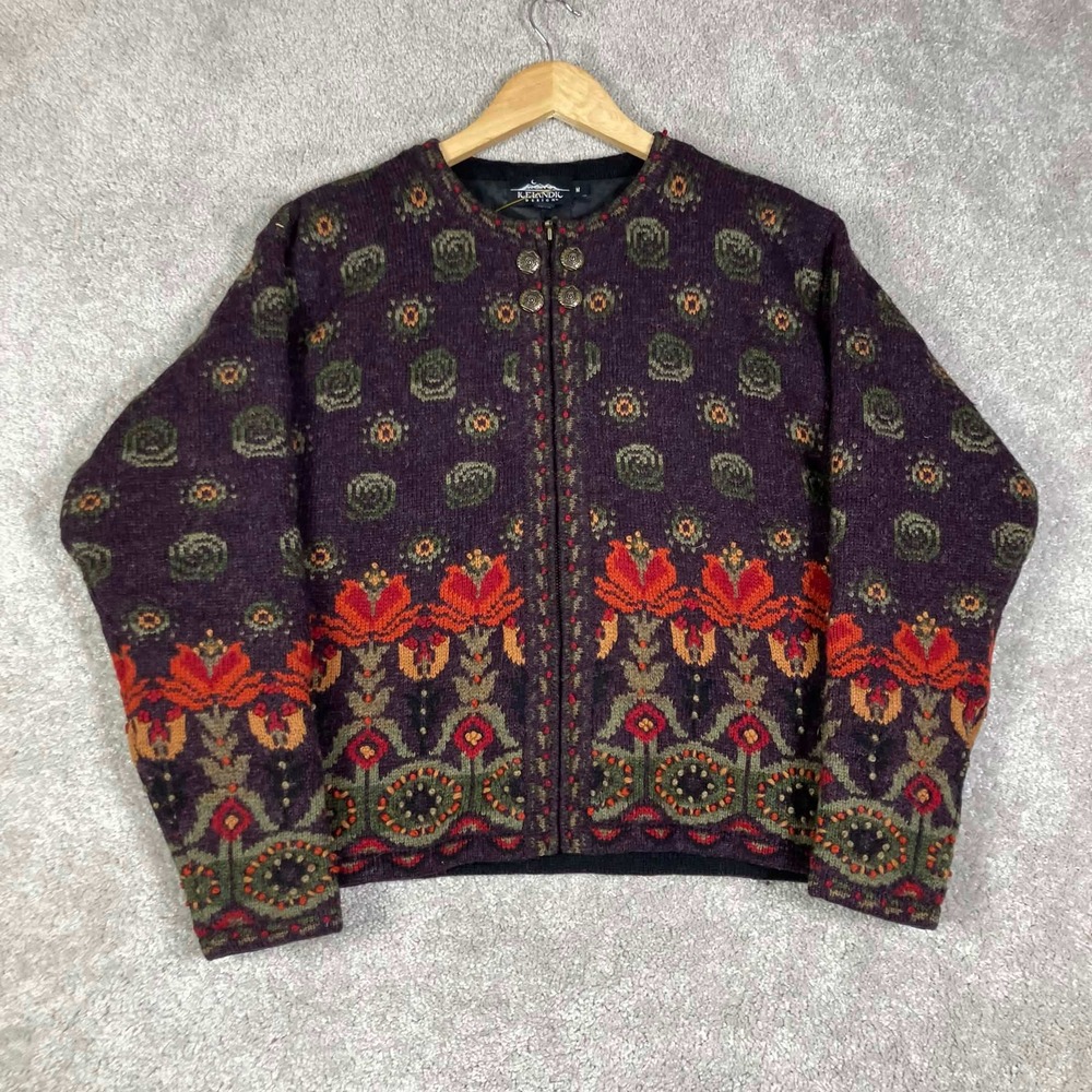 VTG Icelandic Design Cardigan Sweater Women Medium Orange Purple Wool Floral